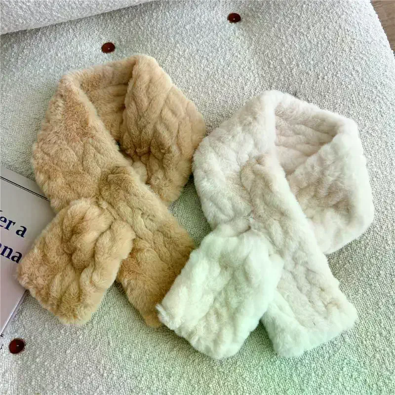 

New Imitation Rex Rabbit Fur Cross Scarf Windproof Coldproof Neck Collar Thick Keep Warm Knitted Neckerchief Women