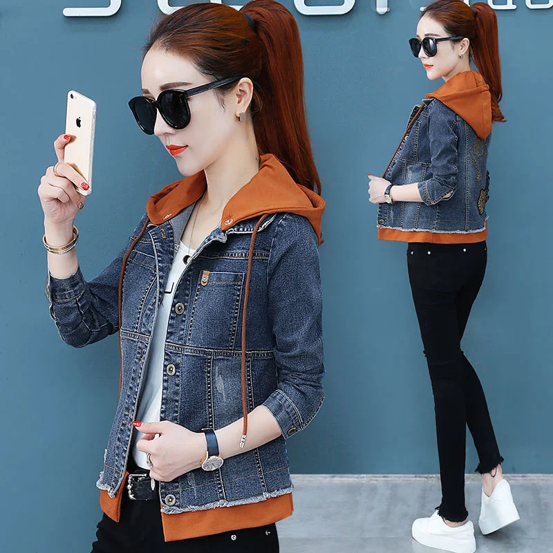 Denim Jacket Girls Spring Autumn Clothes 2022 New Korean Version Junior High School Students Fake Two Short Hooded Tops Women CH