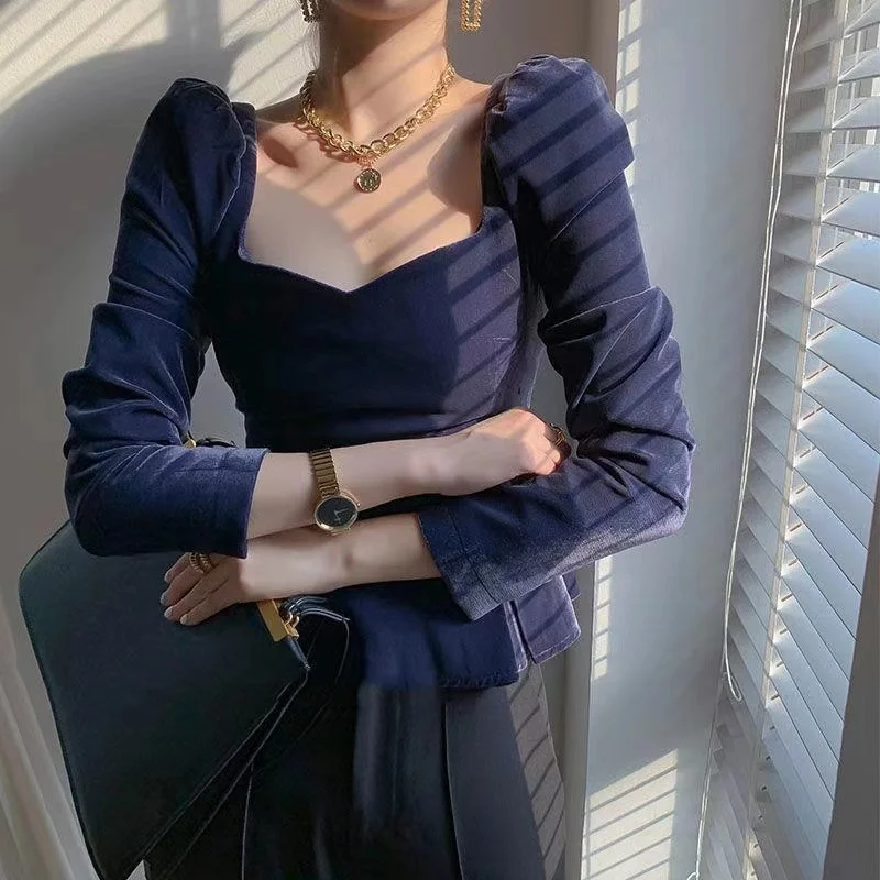Ladies Brand Design Shirts Women New Spring Clothes French Style Vintage Blue Velvet Square Collar Puff Sleeve Chic Tops Elegant