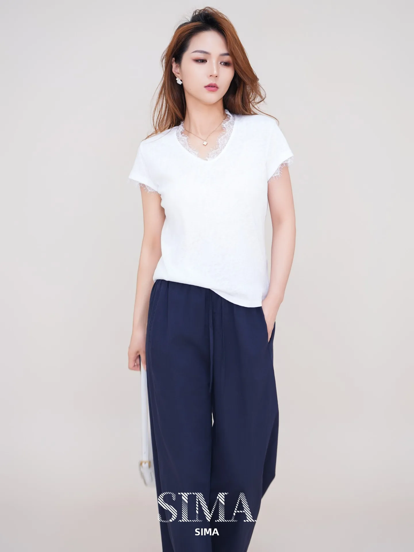 korean-light-luxury-style-women's-t-shirt-v-neck-lace-splicing-short-sleeve-commute-brightness-top-summer-square-dancewear