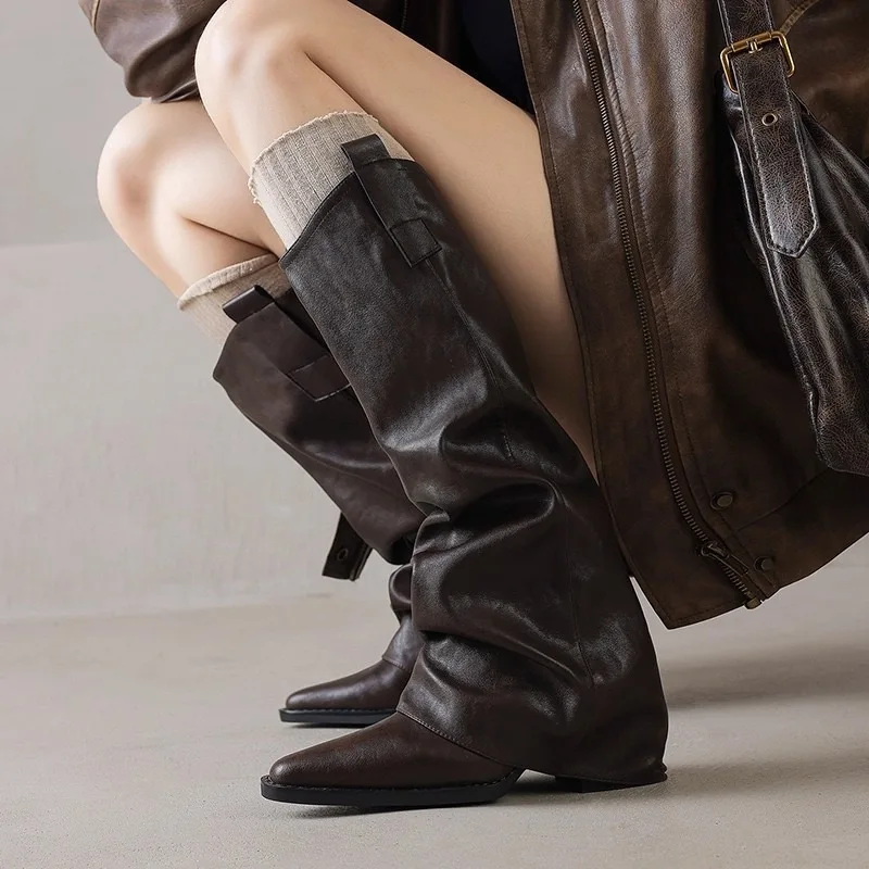 Post-Apocalyptic Style Women's Long Boots Pointed Toe Knight Boots High Heel Calf Length Bohemian Style Leather Fashion Boots