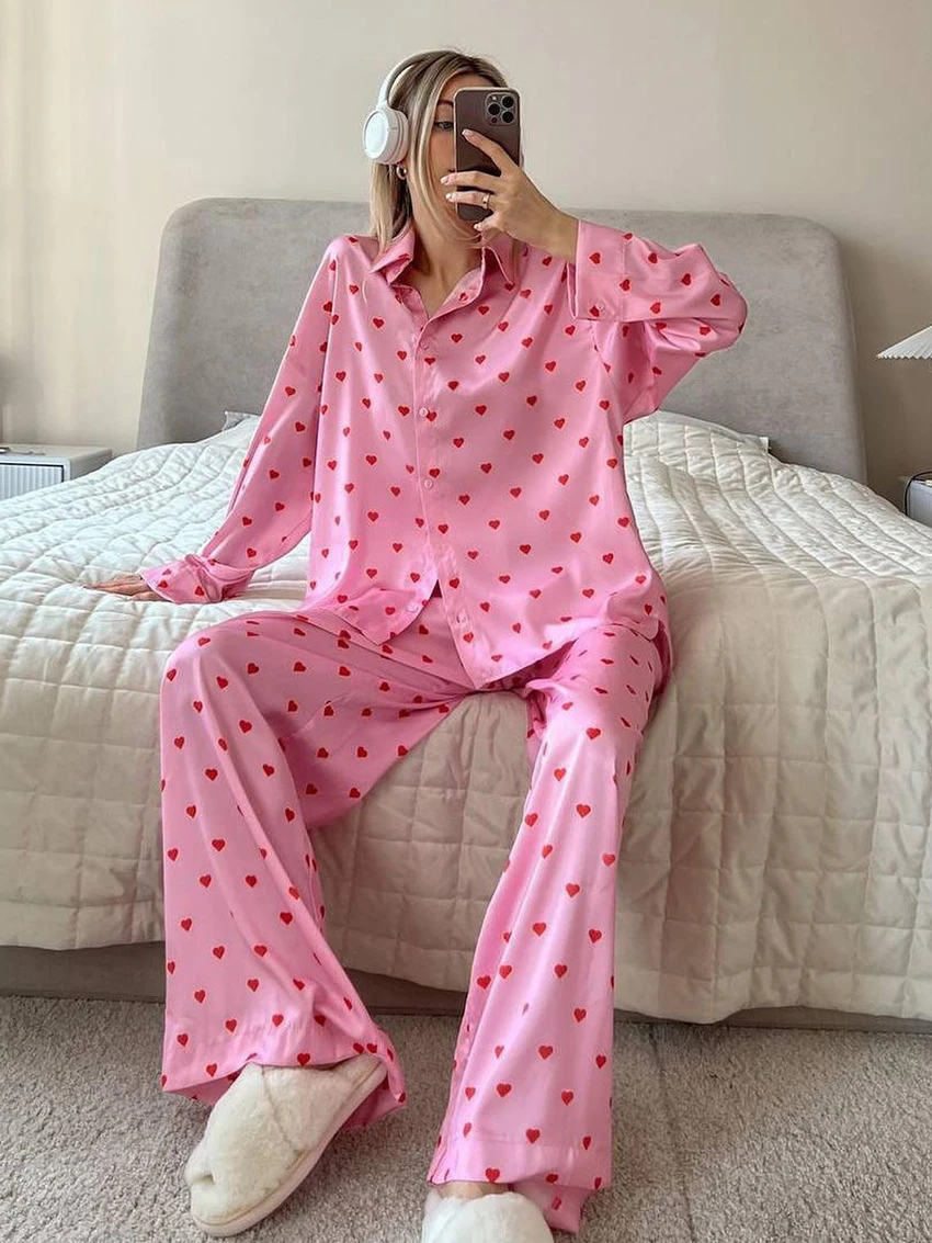 Marthaqiqi Printing Women\'S Sleepwear 2 Piece Set Long Sleeve Pajamas Turn-Down Collar Nightwear Pants Casual Femme Home Clothes