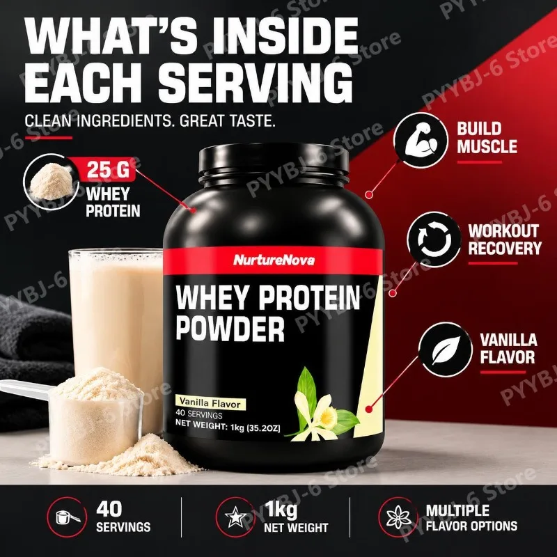 NurtureNova Whey Protein Powder for Build Muscle and Workout Recovery, 1 Kg Net Weight, Vanilla Flavor for Adults, 40 Servings