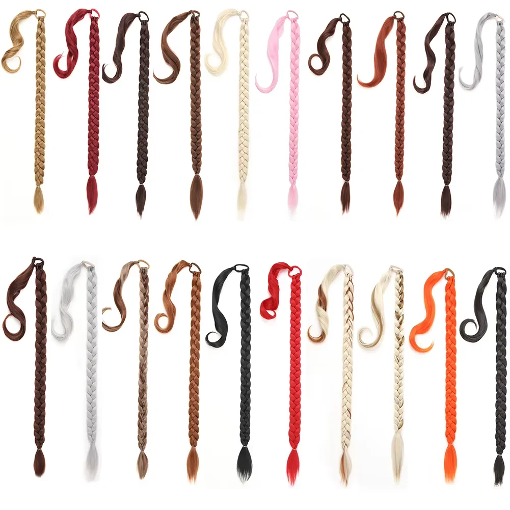 وصلة ذيل حصان طويلة مضفرة يمكنك صنعها بنفسك مع ربطة شعر مستقيمة ملفوفة حول وصلات الشعر على شكل ذيل حصان #2