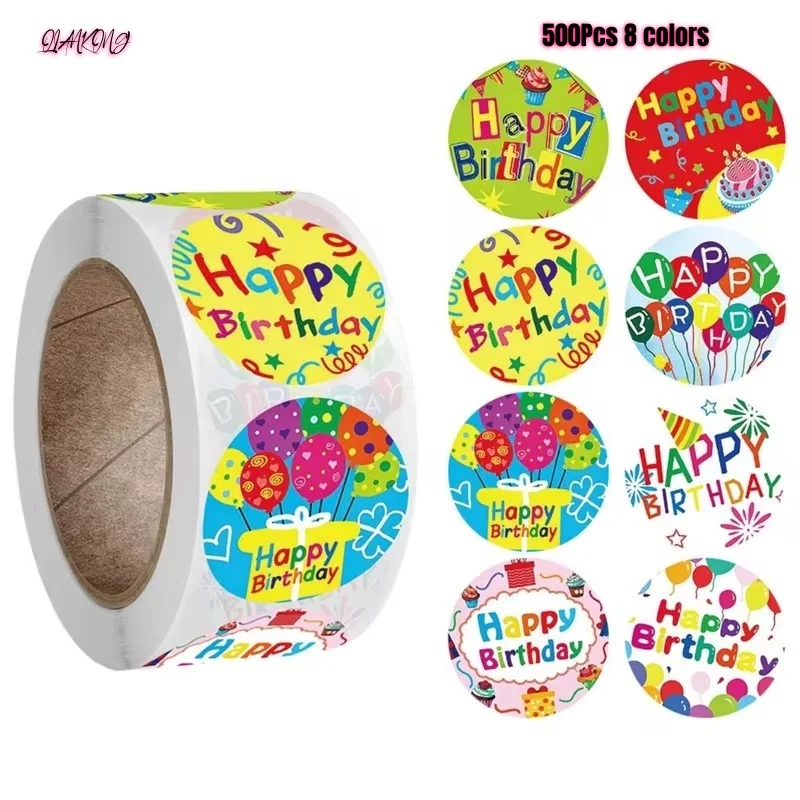 

Round Happy Birthday Stickers 500pcs Paper Adhesive Labels for Festival, Baby Shower, Party Decorative, Envelope Seal, Gift Wrap