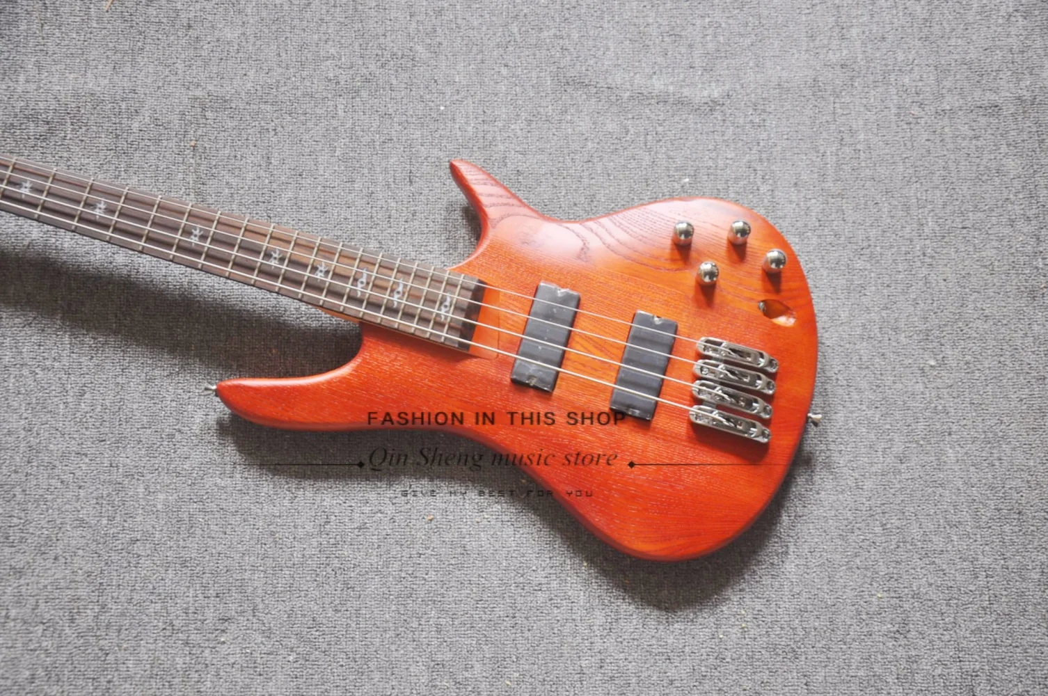 4 string matte red brown guitar,ASH wood body, maple neck, fixed bridge, black tuners , customizable