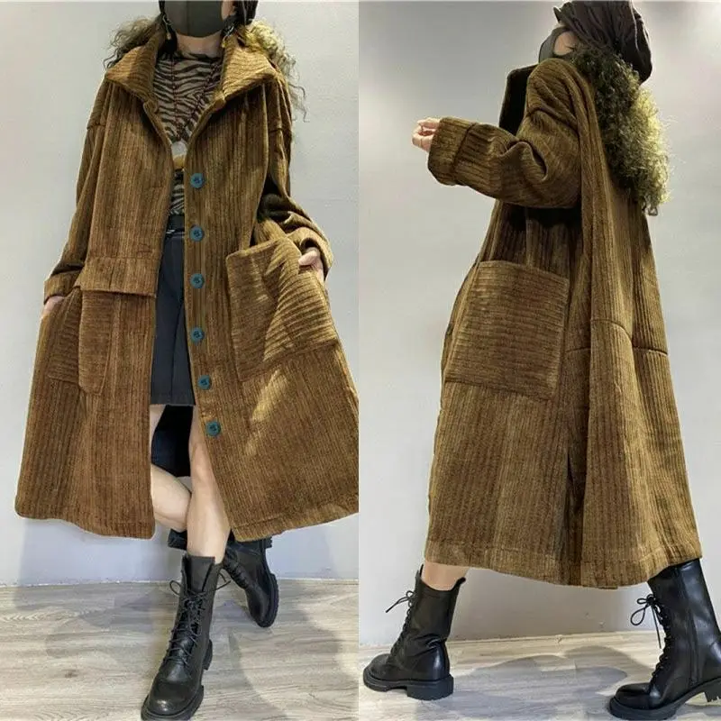 2023 New Fashion Corduroy Windbreaker Coat Female Mid-Length Big Pocket Autumn Winter Jacket Korean Version Women\'s Outerwear