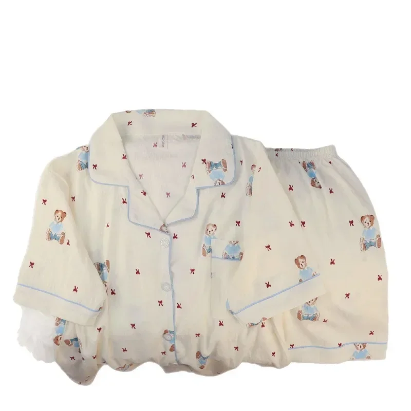 귀여운 잠옷 숙녀 구름 면화 곰 짧은 소매 반바지 카디건 옷깃 만화 플러스 사이즈 유럽 소녀의 사계절 잠옷