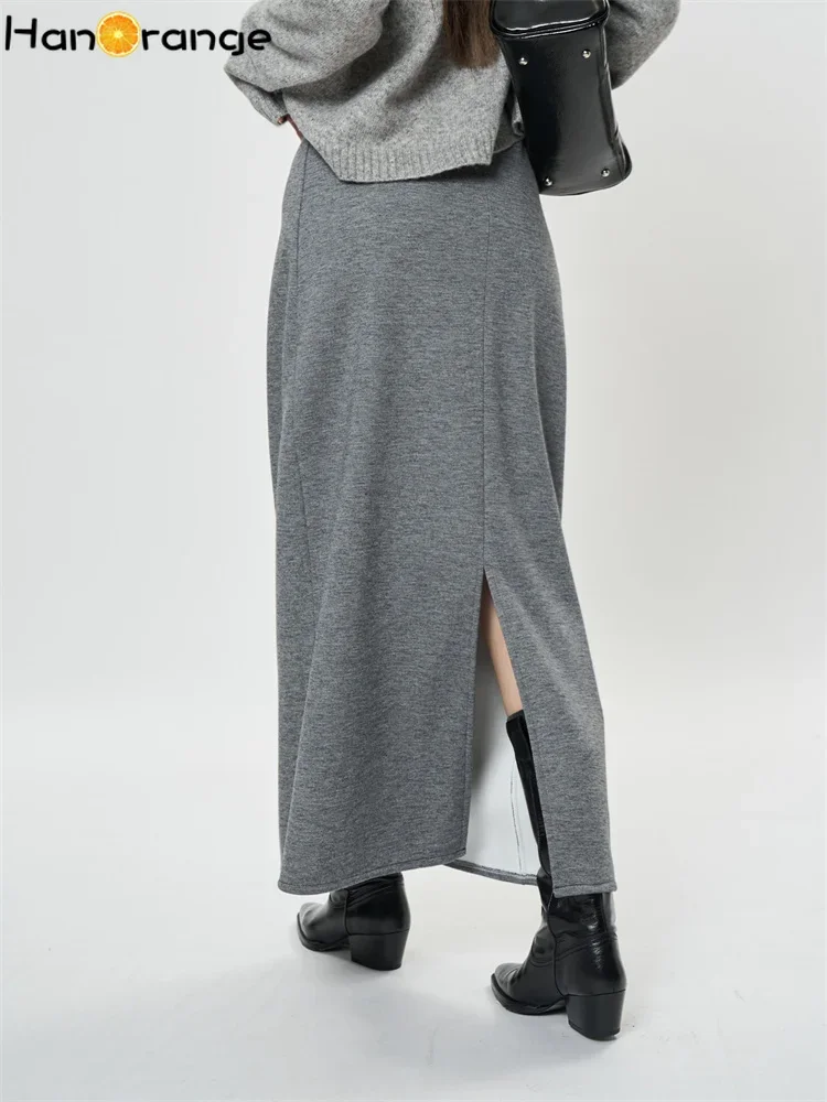 HanOrange 2025 Early Spring One Step Woolens Half Skirt Stretch Slimming Casual Long Skirt Black/Light Gray/Red