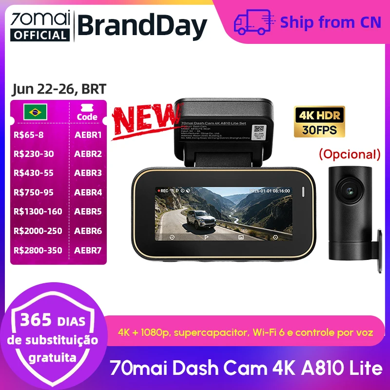 Nova Câmera Veicular 70mai A810Lite 4K HDR com Supercapacitor, 4G LTE, Controle Remoto, Wi-Fi 6, GPS e Controle por Voz