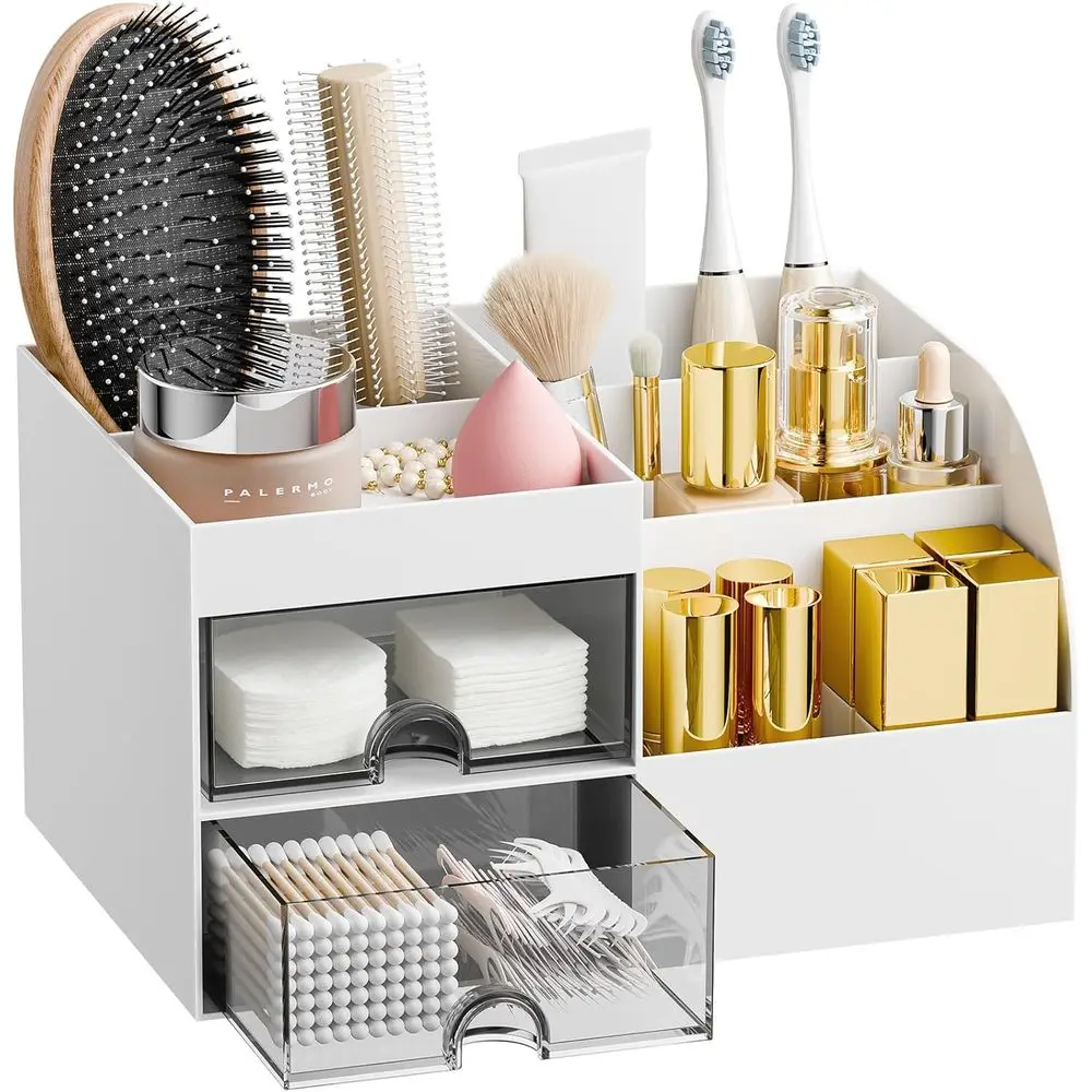 Makeup Organizer with 2 Drawers, Countertop or Vanity and Bathroom, Makeup and Skincare Storage with Brush Holder, Desktop Cosme