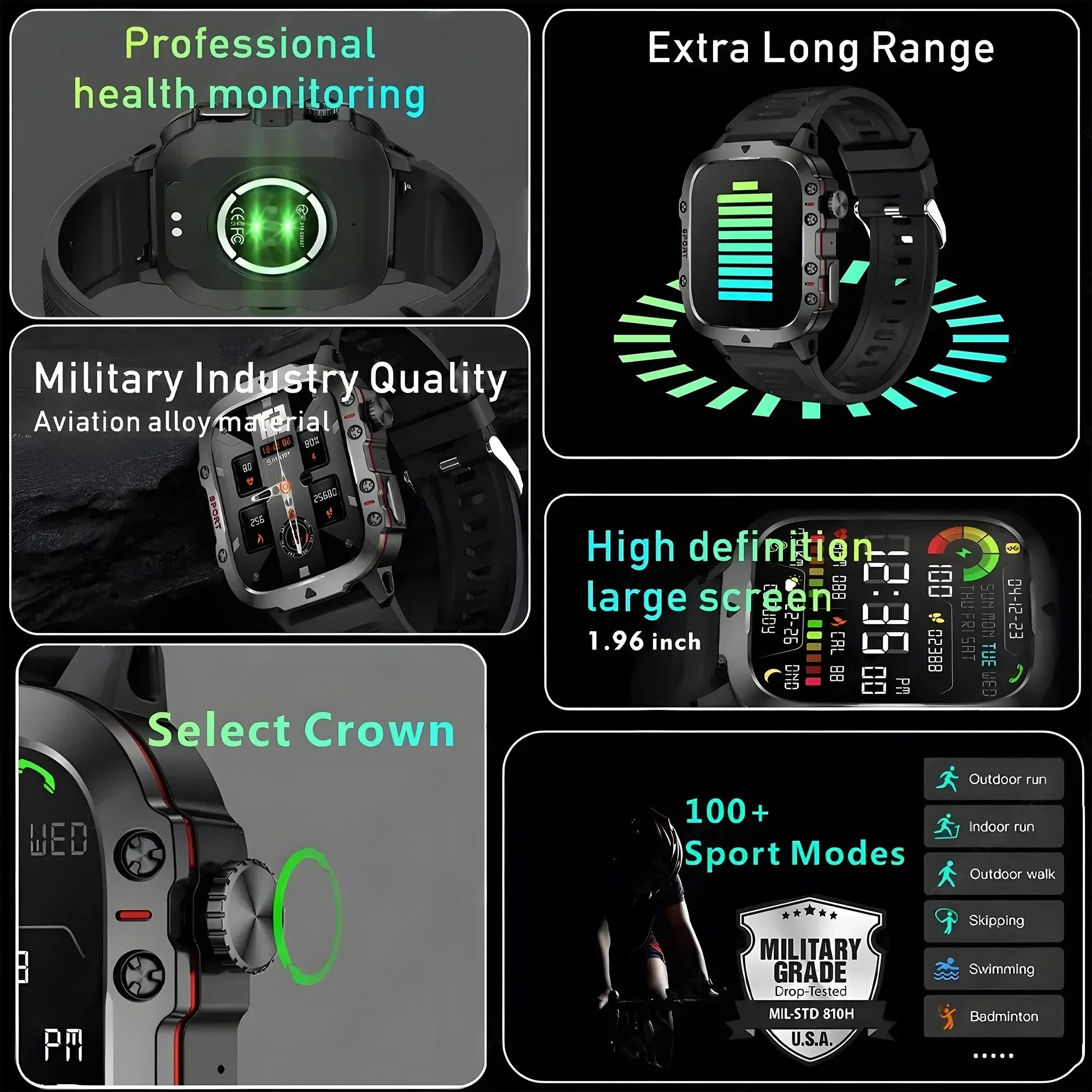 2024 Novo smartwatch militar robusto masculino - 1,96 polegadas. Fitness Esportivo. Voz de inteligência artificial. Ao ar livre. para Android e IOS