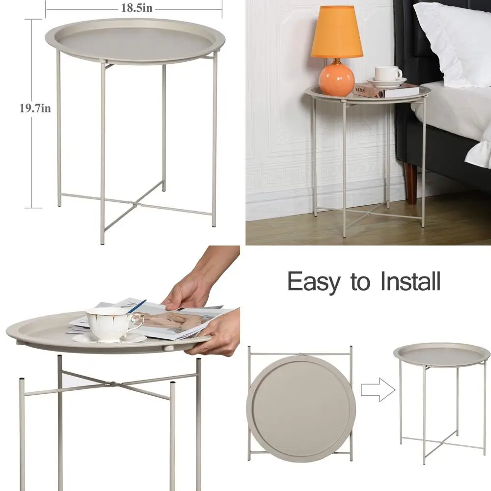 

Складной металлический круглый приставной столик с подносом, 19,7 x 18,5 дюймов, бежевый, для спальни, гостиной