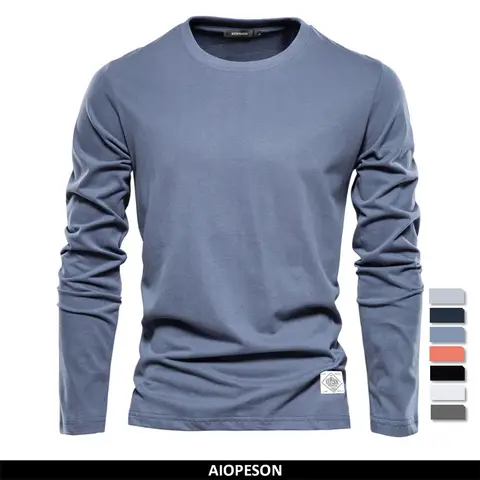 100% algodón Camiseta de manga larga para hombre Camisetas casuales para hombre de primavera sólida Tops masculinos de alta calidad Ropa clásica Camisetas de hombre