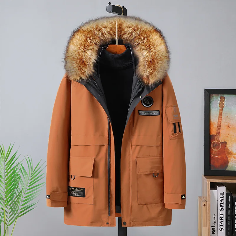 Chaqueta de invierno de gran tamaño para hombre, Parka de algodón de felpa, sombrero desmontable, chaquetas de trabajo, ropa con cuello de piel, abrigo grueso y cálido de invierno