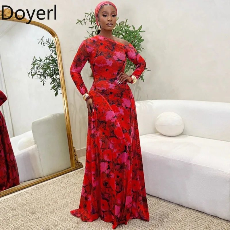 Doyerl Floral Druck Maxi Kleid Frau Langarm Skew Kragen Geburtstag Club Party A-line Lange Kleider Elegante Vestido De Mujer