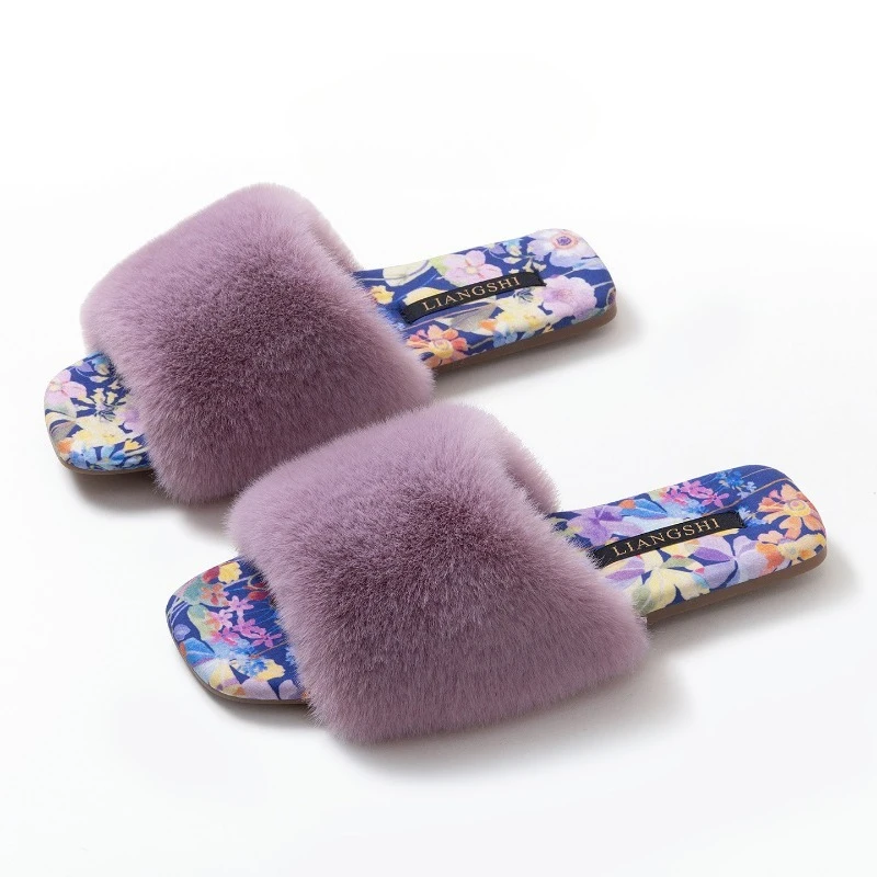 Fluffy Warm Flat Home Slippers Women Open-toe Floor Fashion Slides Ladies Lightweight Sweet Comfortable Non-slip House Shoes