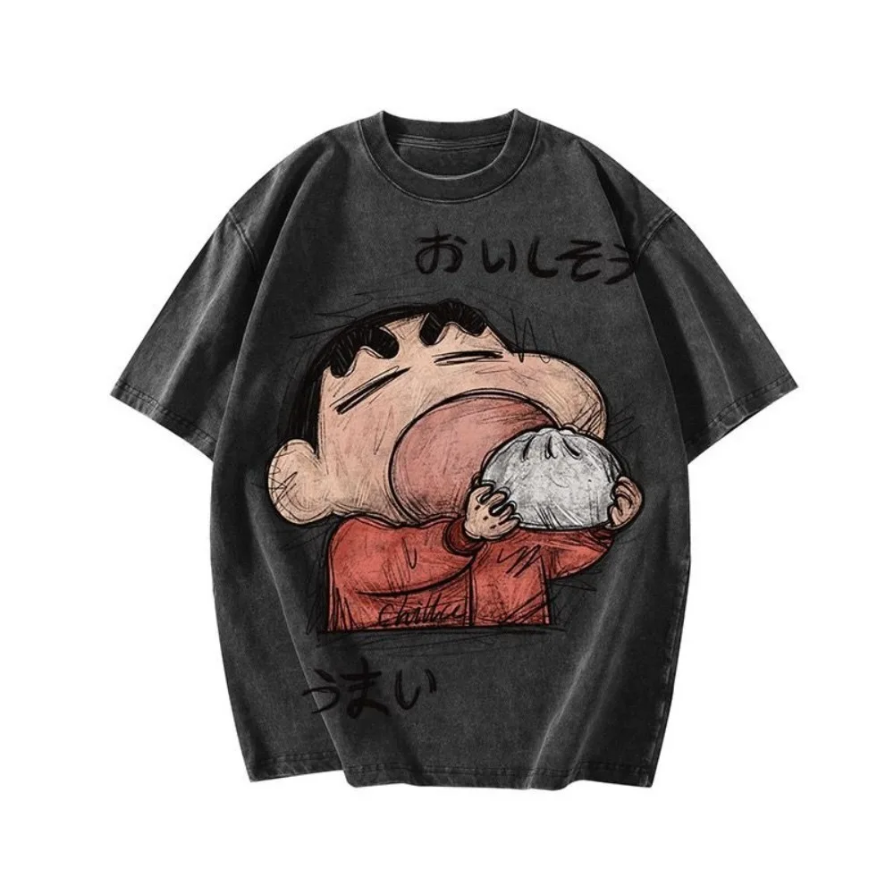 Retro Hand Drawn Crayon Shin Chan Short Sleeve T Shirt American Vintage Washed Cotton Mens Loose Casual Top