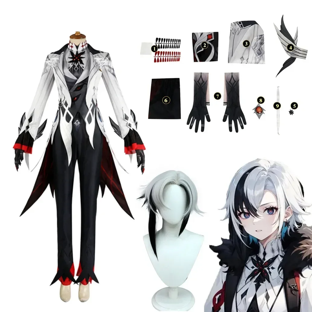 

Genshin Impact Harlequin Cosplay Costume Halloween Carnival Men's Clothing Anime The Knave Black White Wig