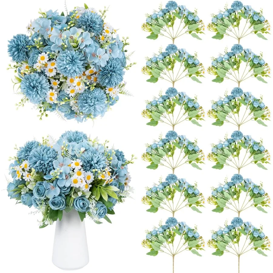 12 حزمة من الزهور الاصطناعية زهرة الورد المزيفة الزرقاء ترتيبات زهور الكوبية المختلطة لطاولة الزفاف ذاتية الصنع