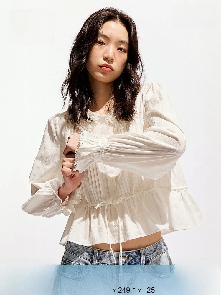 

Женская хлопковая блузка H&M, весна 2026, новая коллекция, с кружевом, белая, модная, для офиса, плиссированная, повседневная, с длинным рукавом, V-образный вырез