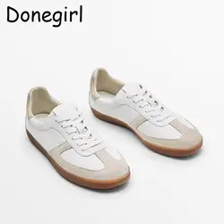 Donegirl 2023 Women New Fashion Round Head Solid Splicing Lacing Sneaker Genuine Leather Simple Casual Shoes Female Chic