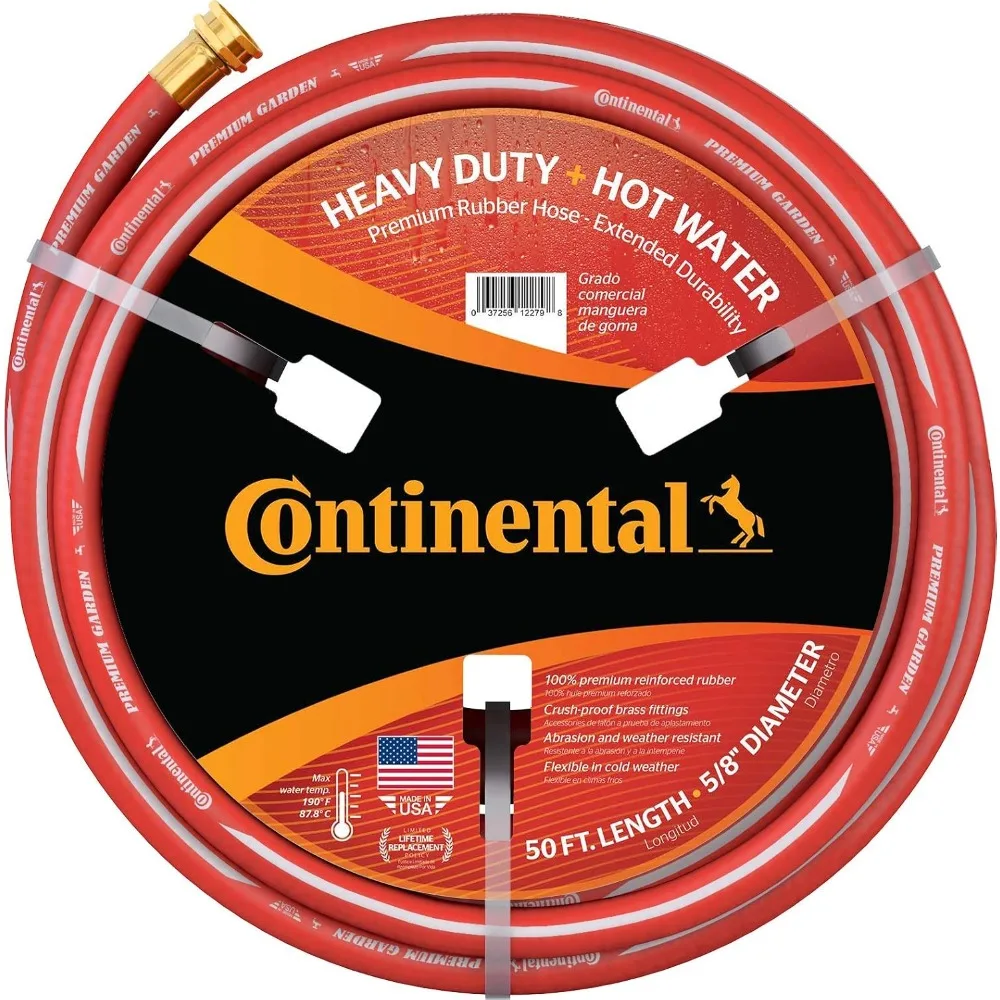 Continental Premium Garden Red Heavy Duty Hot Water Garden Hose, 5/8in Inside Diameter x 50ft Length, Male x Female Garden Hose