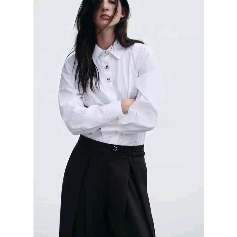 Printemps nouveau femmes irt bouton doré décoré soie Satin Texture Long col Sve coupe régulière trajet Sle Polyester...