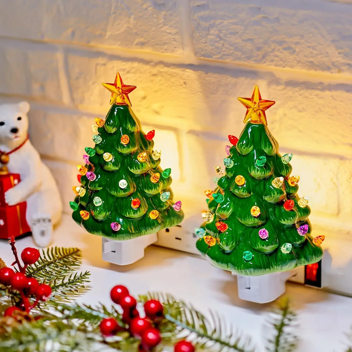

Vintage Ceramic Christmas Tree Night Light Set (2 pcs) – 6" Warm Glow Retro Holiday Lamp for Nostalgic Home & Gift Giving
