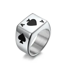 Poker Ring Men Spade Rings Stainless Steel Jewelry Lucky Ring with Black Ace of Spades Poker Card