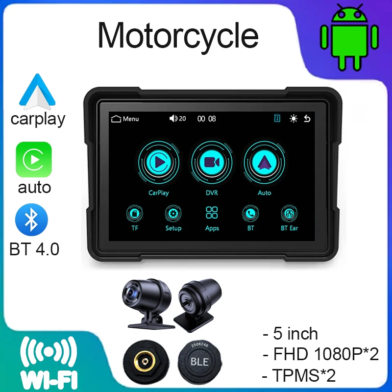 5 inch Motorcycle Carplay Waterproof 1080P WiFi Wireless Android-Auto DVR Monitor Dash Cam GPS Navigation TPMS