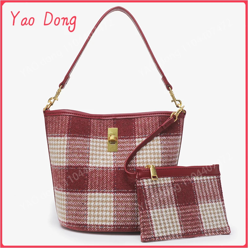 Yao Dong Bridal Bag Wedding Plaid Bucket Bags For Women Luxury Designer Handbags Purses 2023 New In Red Three Piece Set Wallet C