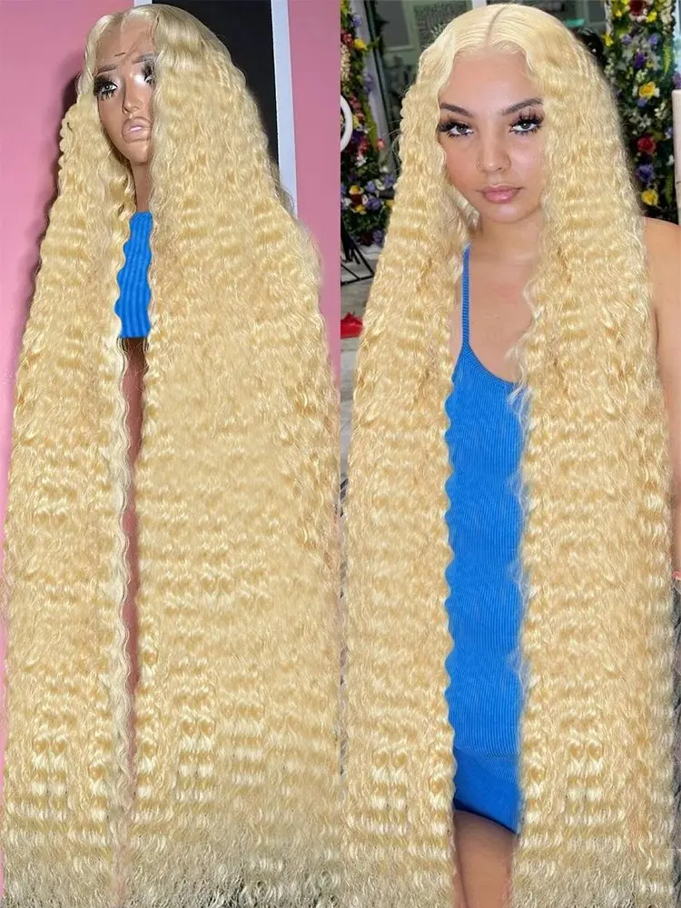 Blonde 34 Inch 613 Blonde 13x4 Lace Forehead Human Hair Wig Deep Wave Glueless Curly Hair 150 Density Women