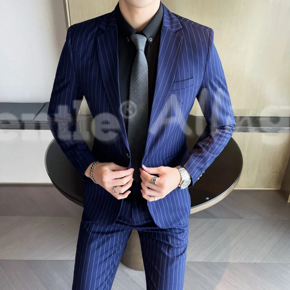 Allingentle Customized 2 Piece Set For Men Regular Fit Striped Blazer Elegant 1-Button Mens PantSuit Casual Office Wedding