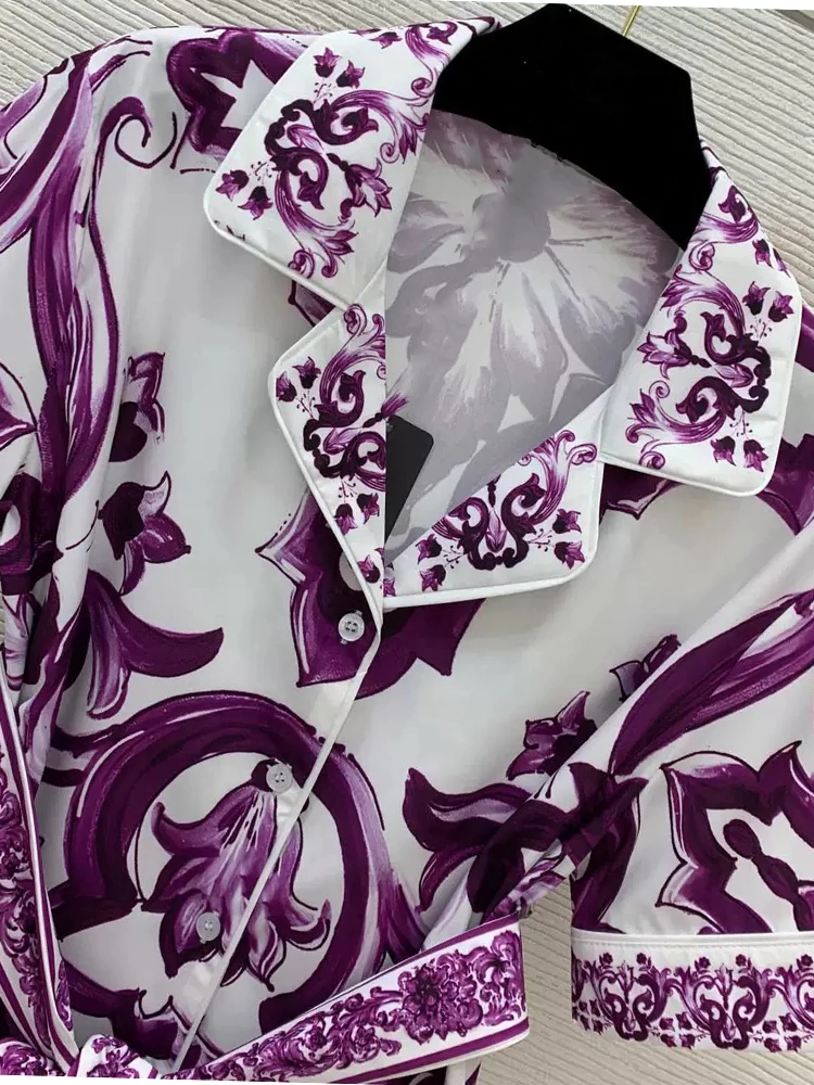 High-Grade Purple Blue-And-White Porcelain Printed Shirt Summer New Women's Two-Piece Pants High Waist Shorts Fashion Home Suit