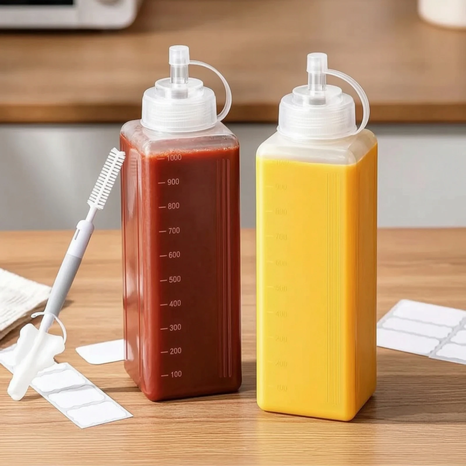 2 Pieces Condiment Press Bottle with Wide Mouth Graduated Press Bottle with Nozzle Container Easy to Clean Messmessless