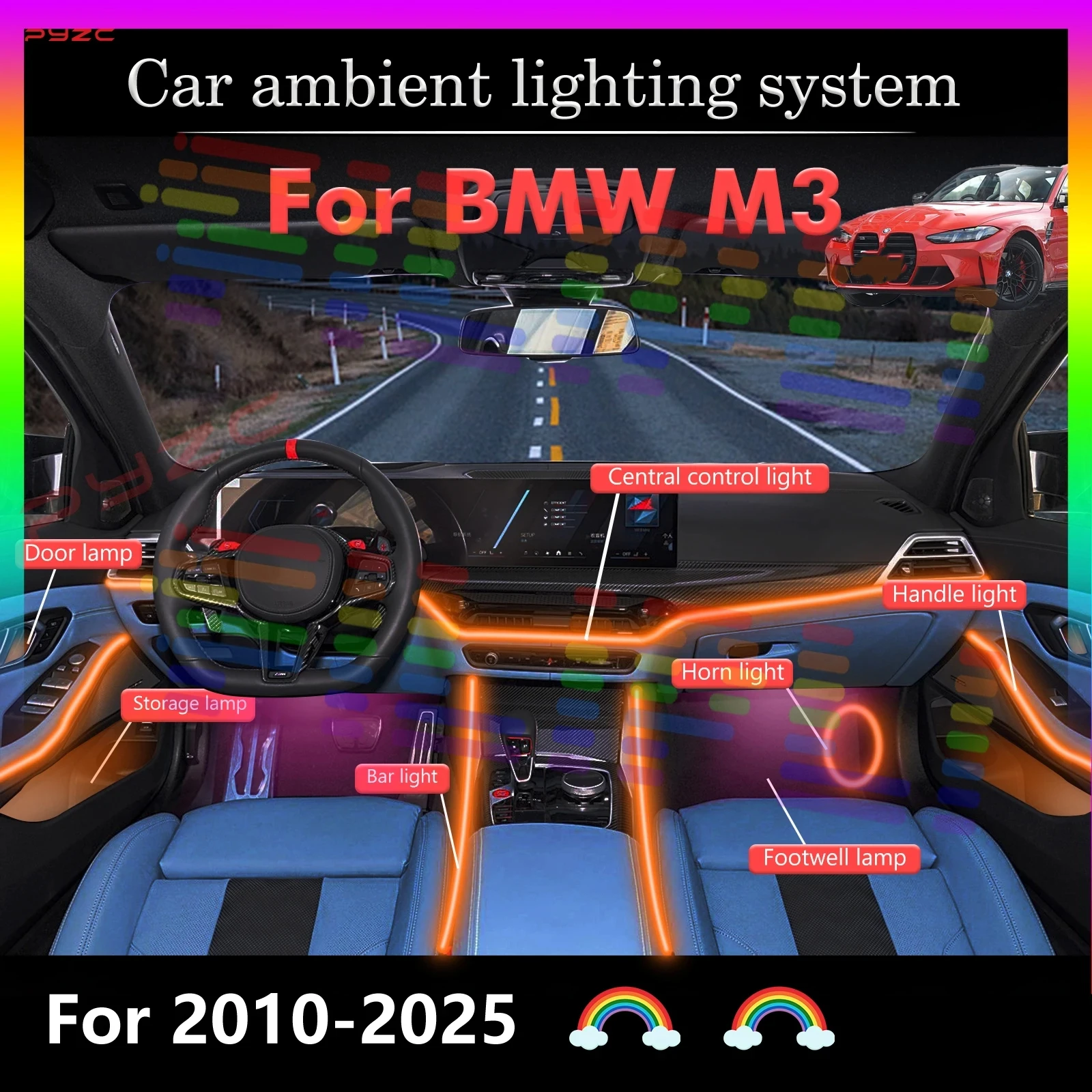

For BMW M3 RGB 64 Colors LED Car Interior Ambient Lights Smart Remote Control Rainbow Acrylic Strip Set