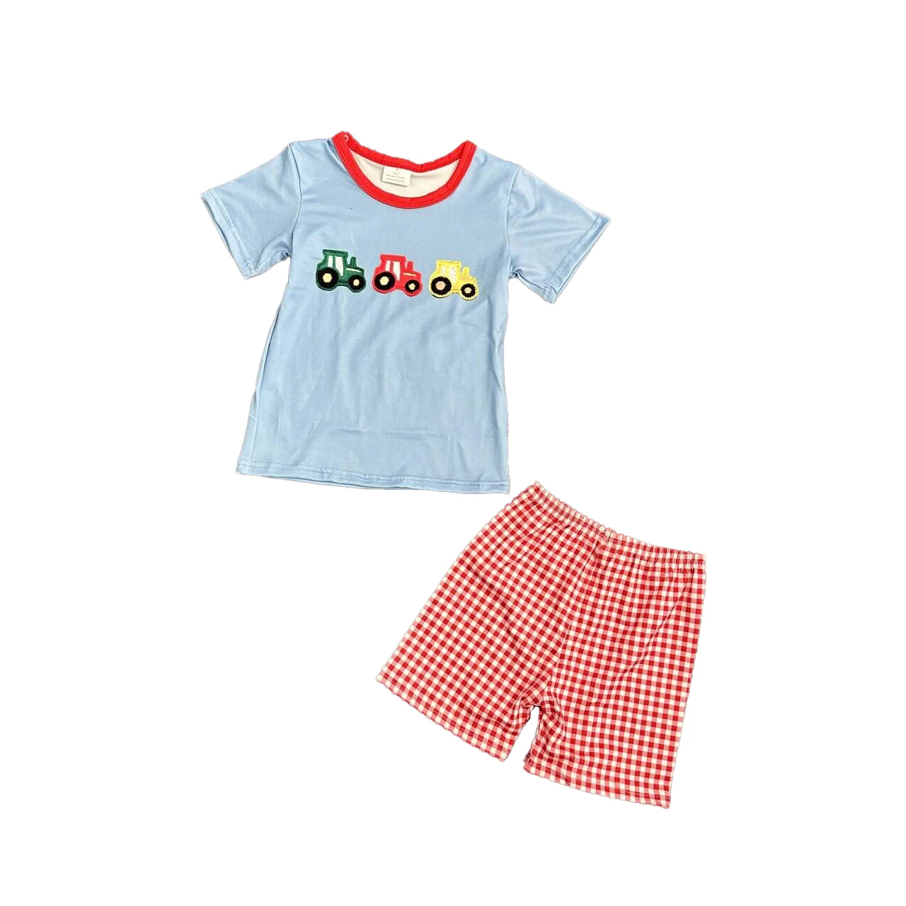 

Boutique Little boys truck outfits T-shirts with red and white grid shorts sets