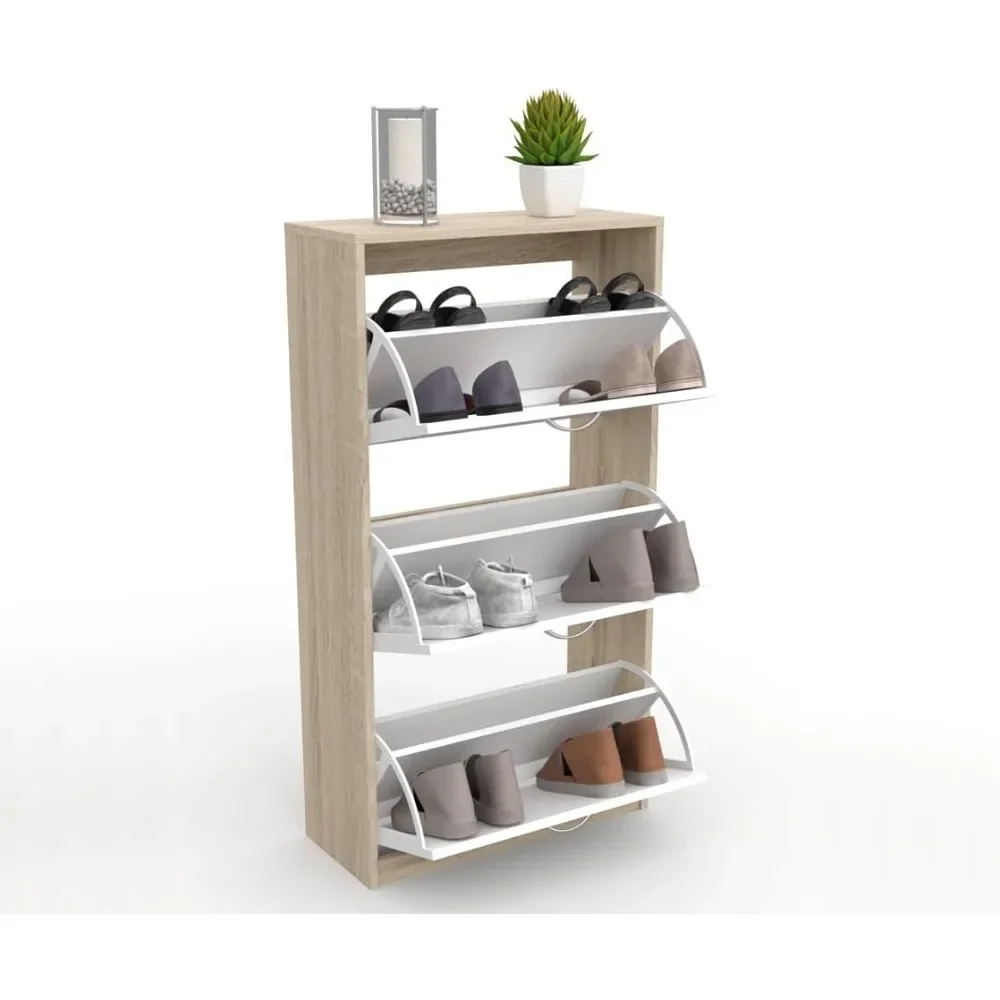 Zapatero de 3 puertas, mueble armario, gran capacidad (roble, puertas blancas)