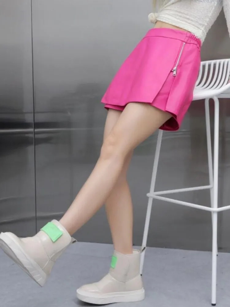 ผู้หญิง High Street ของแท้หนังกางเกงขาสั้นกระโปรงซิปสบายๆกางเกงฤดูใบไม้ผลิฤดูร้อนหญิงแฟชั่นหนังแกะจริงกางเกงขาสั้น