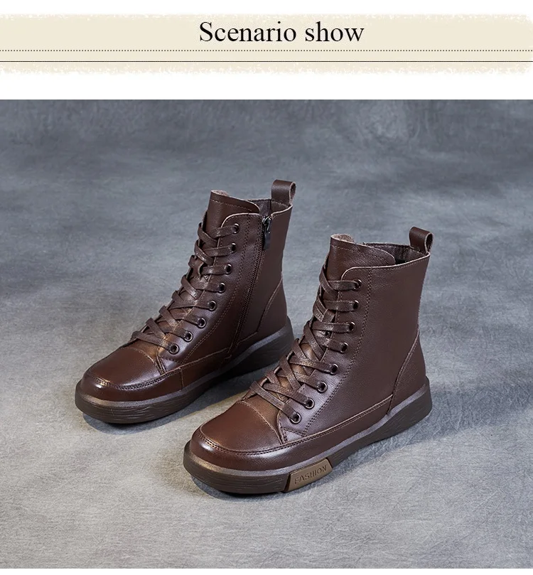 DRKANOL Frauen Echtes Leder Kurze Stiefel Runde Kappe Aus Echtem Leder Handgemachte Retro Street Style Winter Warme Wohnungen Stiefeletten – Detail 21