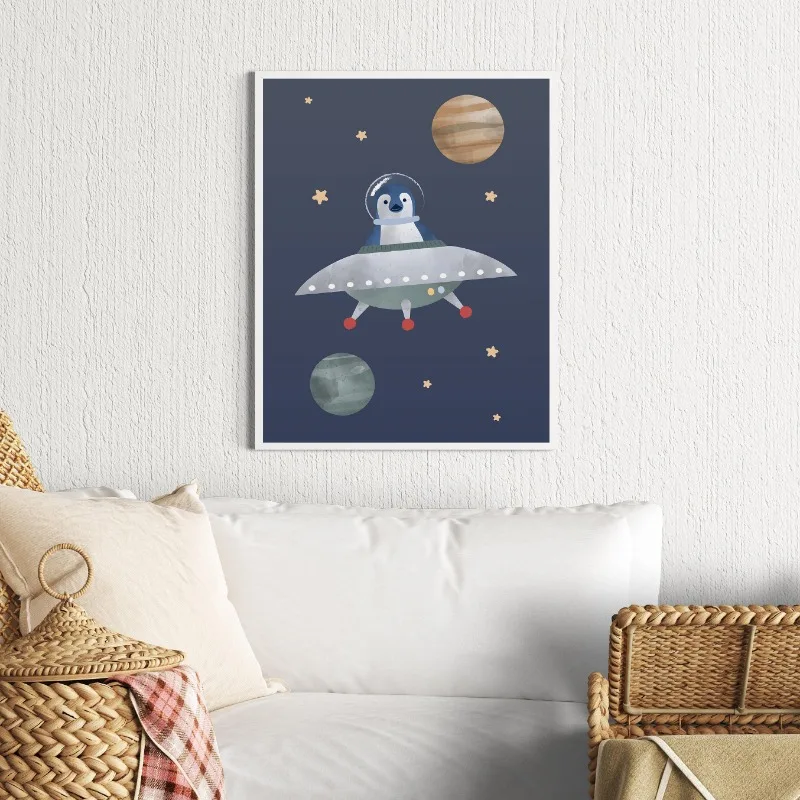 Galaxy Nursery Wall Art Cartoon Space Adventure Rocket Astronaut Whale Planets Canvas Print Outer Space Themed Kids Room Decor