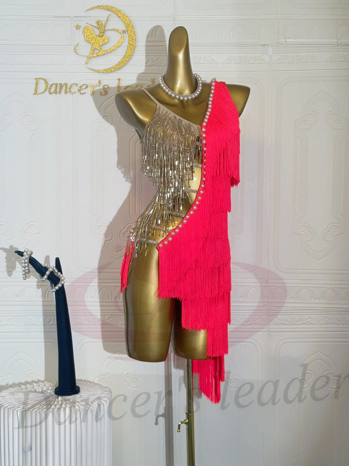 Latin dansers, volwassenen, kinderen, hoogwaardige op maat gemaakte holle splitsing parel kwastje tango samba ab steen prestatie jurk