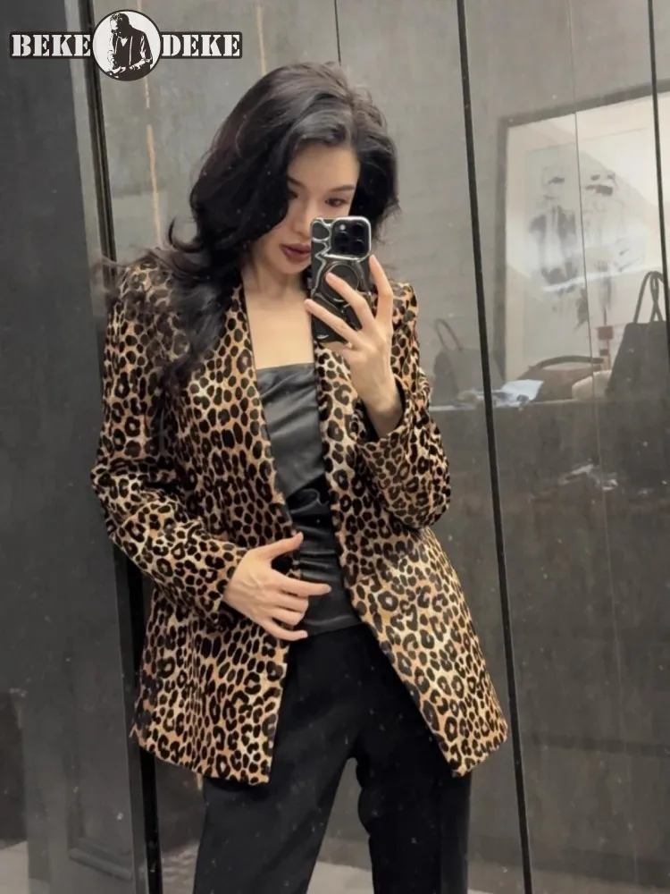 Luxury Italian Designer Women Leopard Printed Slim Fit Blazer Genuine Leather Jacket Party Natural Real Leather Blazer Suit Coat