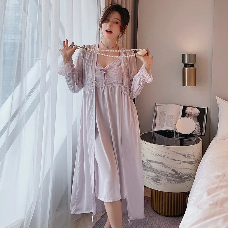 2 Pieces Robe Set With Buttons Femme Bridal Wedding Sleepwear Full Slip Lace Bathrobe&Strap Nightgown Sexy Bridesmaid Nightwear