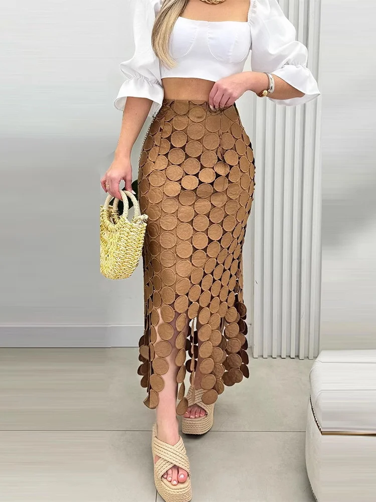 

Retro Pure Color Embroidered Tassel Commuter Skirt High Waist Irregular f Body Skirt Hip Covering Long A-Line Skirt
