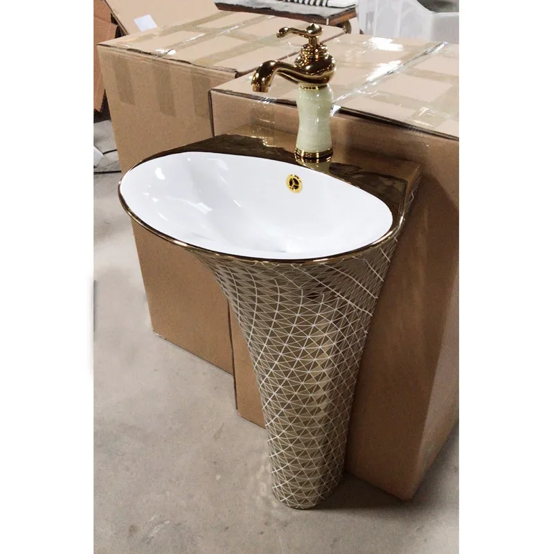 Gold Column Basin Export Dubai Electroplated Gold Wash Basin Color Wash Basin Tuhao Gold One Piece Wash Basin Column Basin