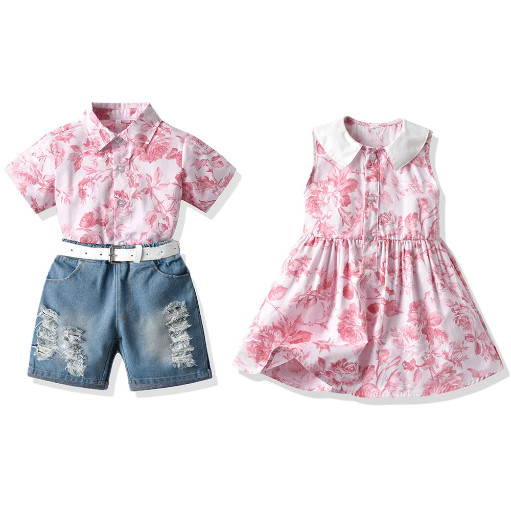 

Summer Children Brother Sister Look Muslin Pink Printed Polo Shirts Hollw Denim Shorts Outfits Kids Girl Beach Sleeveless Dress
