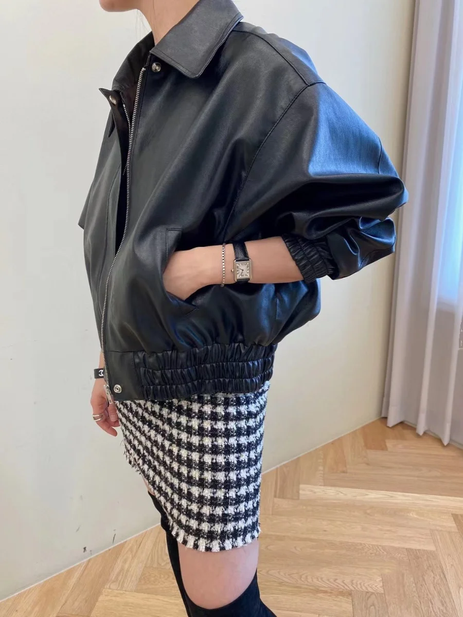 Sli Loose PU Leather Jaet Women's Batwing Sve Slimming Autumn Winter New Sle Motorcycle Top Faionable ort Coat