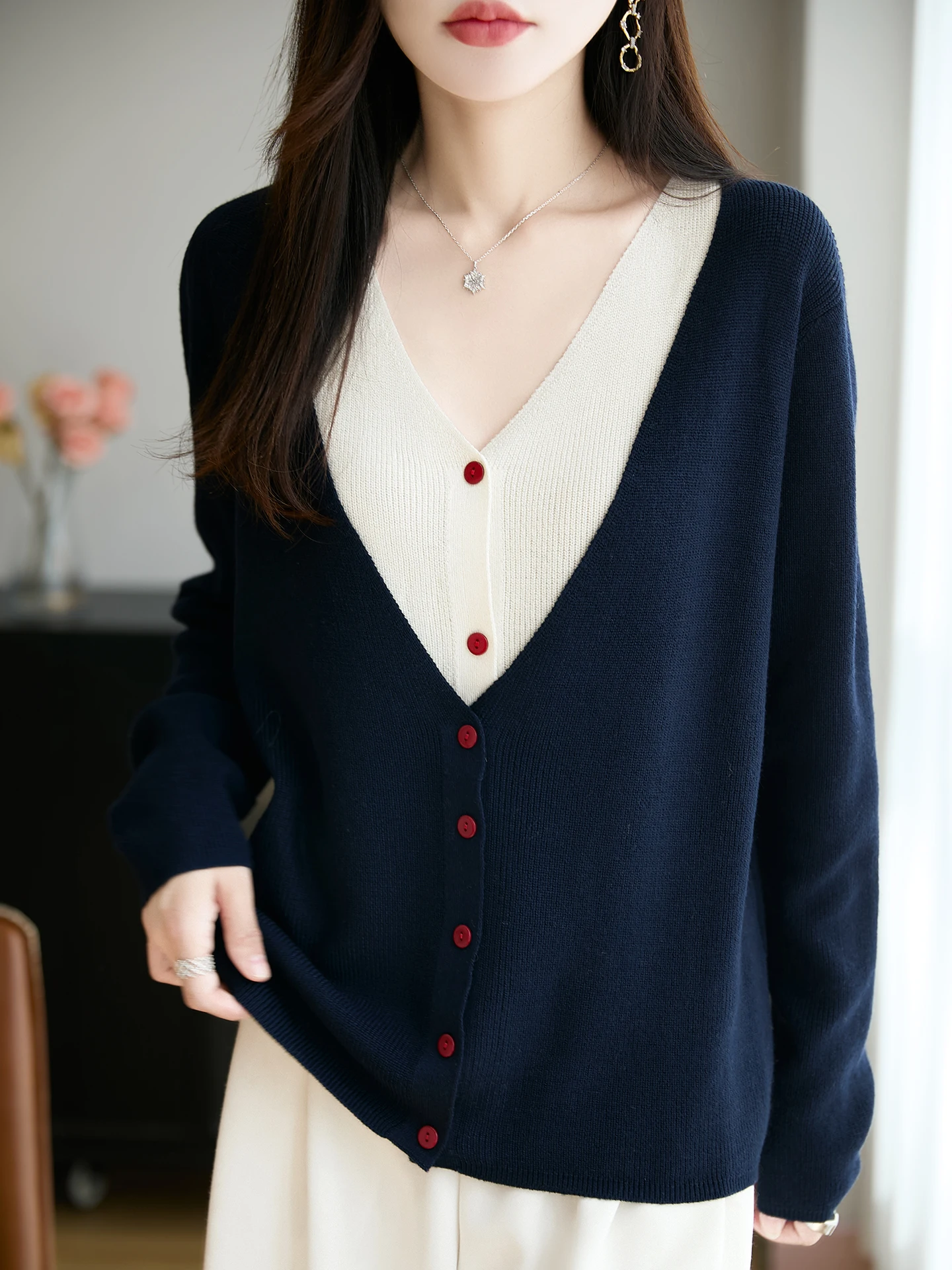 

Новая мода осень-зима женский свитер элегантный камвольный вязаный кардиган из мериносовой шерсти ложная одежда из двух предметов с длинными рукавами топы